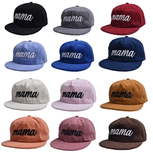 Collection of colorful corduroy baseball caps featuring MAMA embroidery in 12 colors