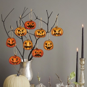 Set of 10 orange Halloween pumpkin ornaments with jute twine for festive party decor
