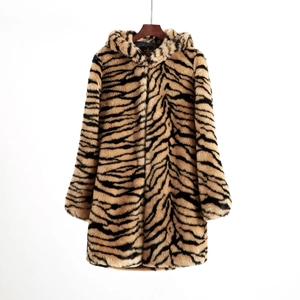 Winter hooded faux fur coat for women featuring classic tiger stripes and mid-length style