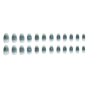 Glossy grey-blue ombre press-on nails in medium trapezoid shape, 24-piece full cover set