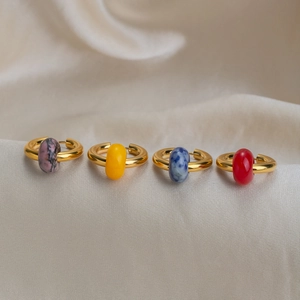 Retro lapis lazuli and stainless steel gold hoop earrings with multi-color oval stone beads