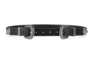 Close-up of western style leather belt featuring silver engraved double buckles and tips