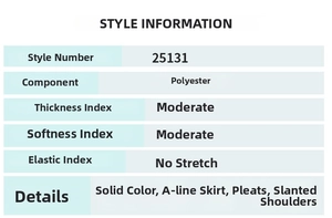 Detailed size chart and specifications for the one-shoulder pleated A-line evening dress
