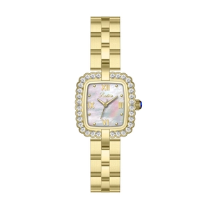 Orologio quadrato dorato da donna con quadrante in madreperla e diamanti