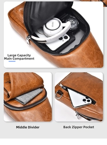 Detail of vintage brown leather sling bag showing internal pockets and multi-layer storage