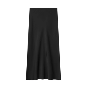 Detailed view of the smooth satin texture and elegant drape of this black midi skirt
