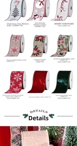 Selection of 63mm wired Christmas ribbons with festive patterns and velvet textures