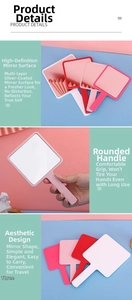 Detail showing colorful square handheld mirrors with ergonomic grips in a modern layout