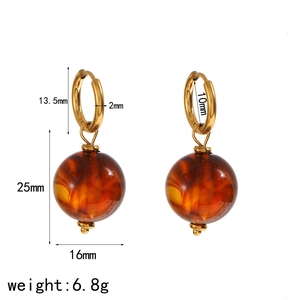 Vintage amber resin orb pendant earrings with gold hoops and detailed size dimensions