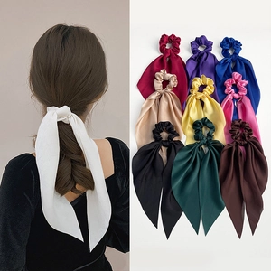 Elegant Satin Ribbon Hair Scrunchie Long Tail Streamer Hair Tie Solid Color Elastic Hairband Retro Headwear For Women