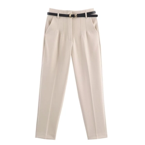 Women's high-waisted straight leg trousers in beige with a sleek black belt