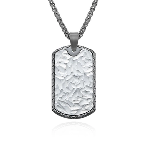 Men's titanium steel dog tag necklace with hammer texture and box chain on white background