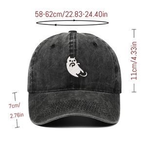 Detail showing dimensions of vintage washed cotton baseball cap with cat embroidery