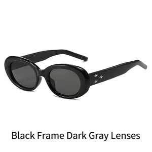 Retro oval sunglasses in black with silver star rivets and dark grey tinted lenses