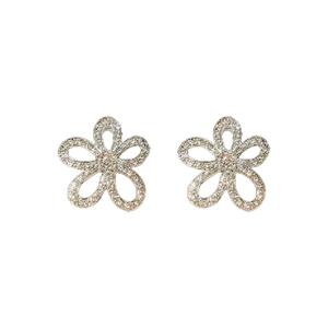 Elegant silver five-petal flower stud earrings with sparkling rhinestones and hollow design