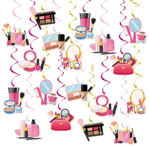 Décorations de fête suspendues avec motifs de maquillage roses et flacons de parfum