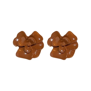 Brown flower-shaped stud earrings in glossy finish on white background