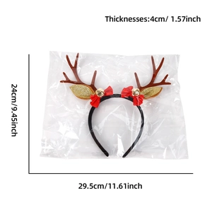 Detailed view of Christmas reindeer antler headband with bells and size dimensions