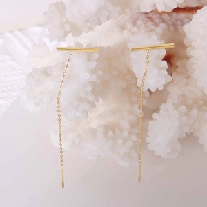 Minimalist 18k gold plated stainless steel long bar chain drop earrings for women