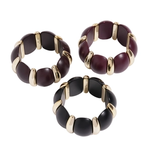 Three-piece geometric acrylic elastic bracelets in dark purple, brown, and black colors
