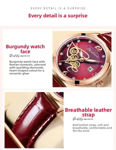 Vista dettagliata dell'orologio da donna in oro rosa con quadrante bordeaux