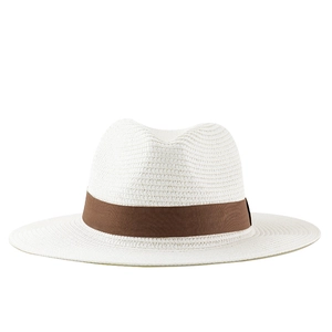 Elegant white straw Panama hat with dark brown ribbon band for men beach sun protection