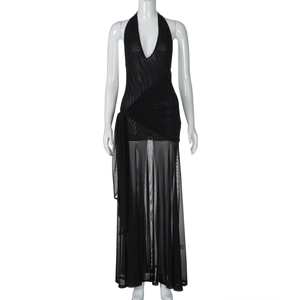 Detail of sheer black mesh gown featuring halter neck and side waist tie design