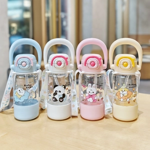 Detailed display of four colorful BPA-free plastic kids cups with cute animal cartoon prints