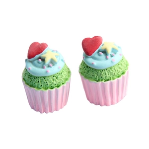 Mini resin cupcake magnets featuring pink bases, green frosting, and cute heart star charms