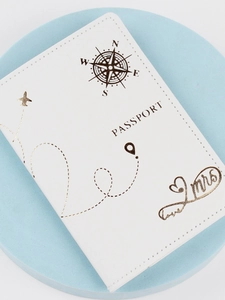 Passport Holder Cover PU Leather Travel Wallet ID Card Case Gold Stamping Airplane Compass Pattern Mr And Mrs Gift