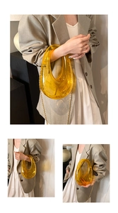 Three-angle lifestyle view of fashion yellow acrylic clear box bag with gold metal chain