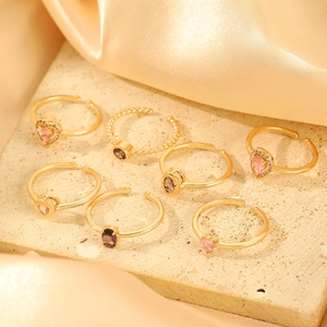 7Pcs vintage gold stackable rings set with pink heart and purple zircon stones