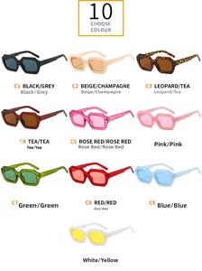 Grid view of retro thick frame geometric sunglasses in 10 diverse candy color options