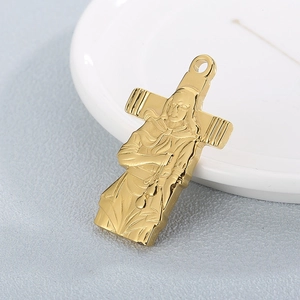 Golden stainless steel cross pendant with religious figure engraving for hip-hop necklace