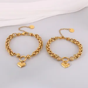 Heart Pendant Bracelet Stainless Steel Gold Plated Thick Braid Chain Fashion Jewelry For Women With Textured Beads