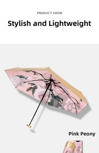 Detail of pink peony oil painting pattern inside a flat foldable mini sun umbrella