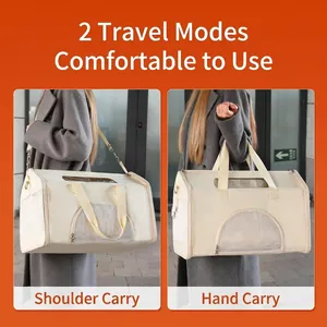 Portable pet carrier bag in beige for cats and small dogs showing hand-carry and shoulder modes