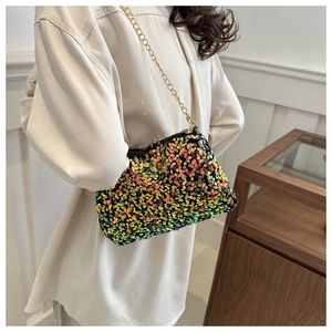 Colorful sequin crossbody bag with gold chain strap shown on a model for daily styling