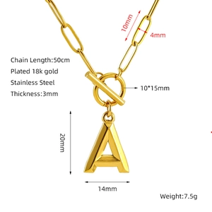 Detail showing 18k gold plated stainless steel A-letter necklace with size measurements