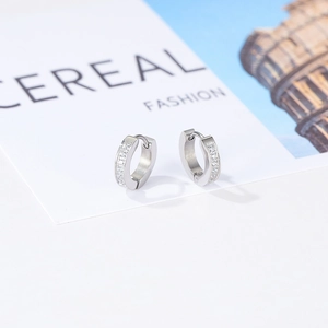 Minimalist silver stainless steel hoop earrings with white zircon stones on fashion card