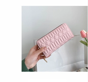Pink quilted leather long wallet for women with gold zipper detail and gift bag