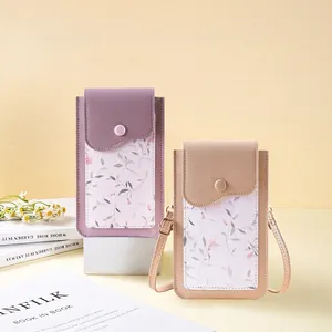 Floral touchscreen phone crossbody bag in lilac and beige pebbled leather with long straps
