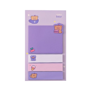 Cute purple and pink bear index sticky notes with cartoon animal patterns for students