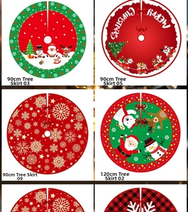 Detailed grid of Christmas tree skirts with festive reindeer, snowman and Santa patterns
