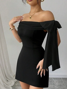 Off Shoulder Mini Dress Polyester Elastane Large Bow Shoulder Detail Slim Fit Solid Color Elegant Party Cocktail Glamorous