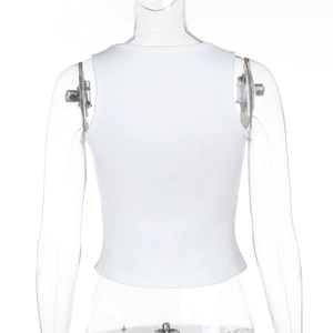 Close-up of white ribbed knit fabric and U-shaped back design on a sleeveless tank top