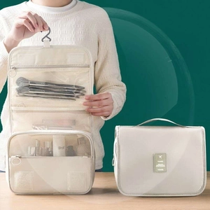 Hanging Toiletry Bag Large Capacity Waterproof Polyester Foldable Travel Makeup Organizer With Hook For Bathroom