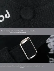 Detail of adjustable metal buckle and stitching on black distressed baseball cap
