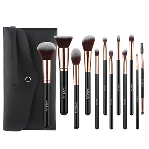 12pcs black makeup brush set with rose gold ferrules and leather zip storage pouch