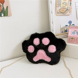 Cute black plush cat paw mini chain bag with pink paw print detail and gold strap